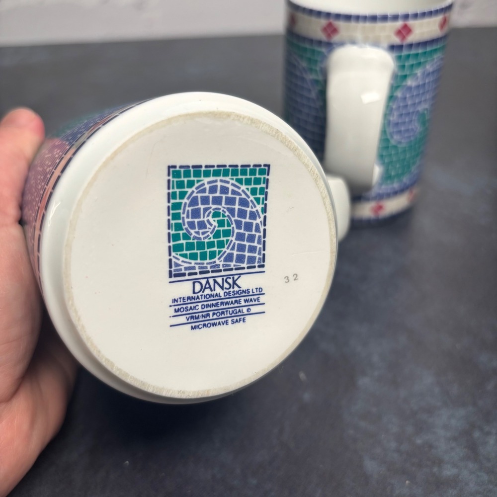 Dansk Vintage 90's Mosaic Waves Coffee Mugs Beachy Coastal, Set of 2 - Picture 7 of 7